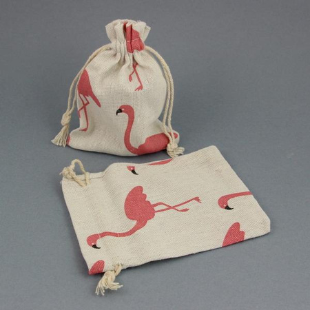 Woreczek lniany splot różowy flaming na beżowym tle 14x10cm