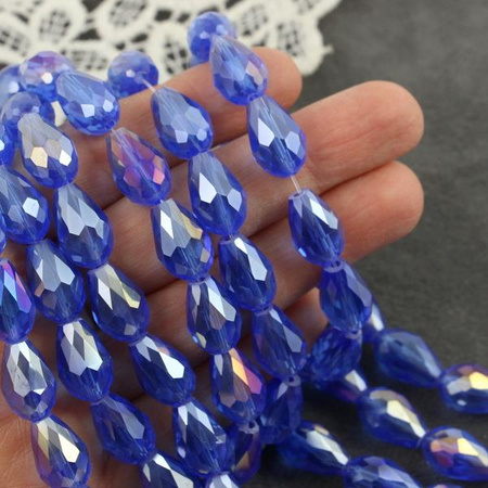 Kryształek szklany kropla fasetowana niebieska luster AB 15x10mm