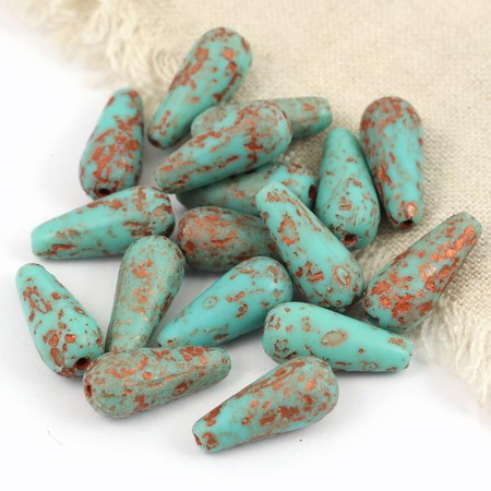 Drop Beads Opaque Turquoise Green Copper Patina Etched 20x9mm