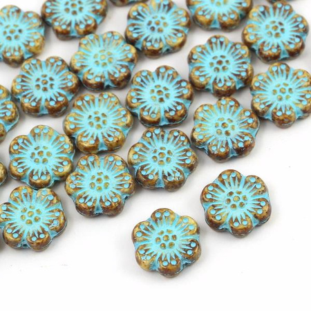 Anemone Flower Beads Opaque Beige Turquoise Patina 14mm [1szt]
