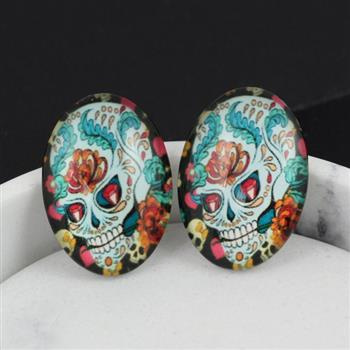 Kaboszon szklany z grafiką owal czaszka 25x18mm