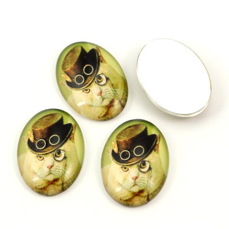 Kaboszon szklany z grafiką owal z motywem kota 25x18mm