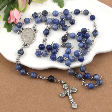 Zestaw do samodzielnego wykonania różańca z kul sodalitu 6mm i stali szlachetnej