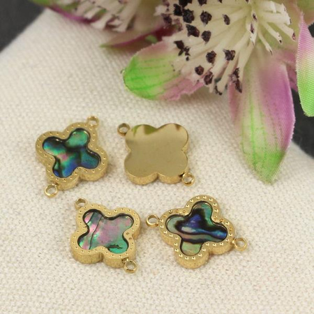 Łącznik kwiatek z muszlą paua stal szlachetna pozłacana PVD 15x11mm