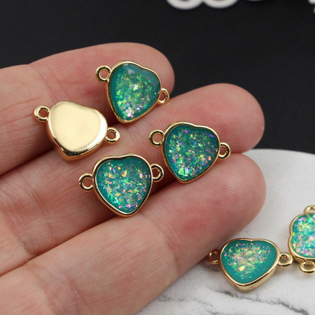 Łącznik w metalowej oprawie serce szkło dichroiczne 16x11mm