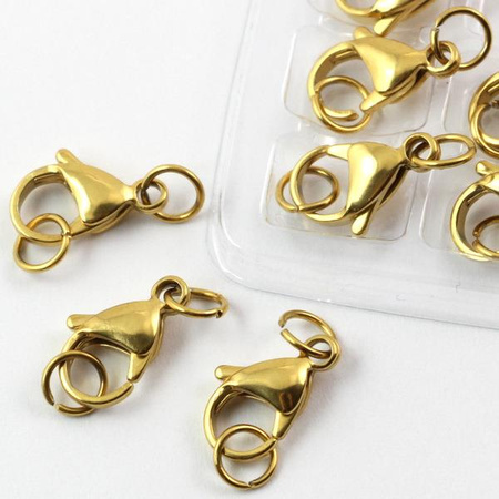 Zapięcie karabińczyk stal szlachetna pozłacana +OG 15mm