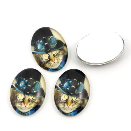 Kaboszon szklany z grafiką owal z motywem kota 25x18mm