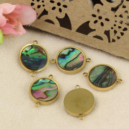 Łącznik moneta z muszlą paua stal szlachetna pozłacana PVD 15x11mm