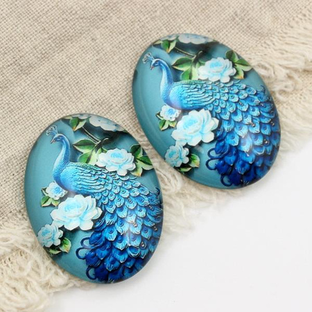 Kaboszon szklany z grafiką paw owal 40x30mm