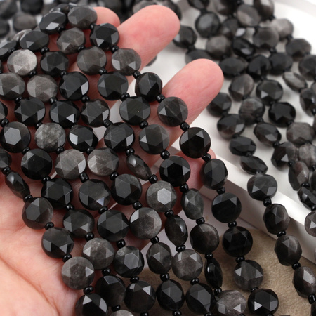 Obsydian srebrny moneta fasetowana 10mm