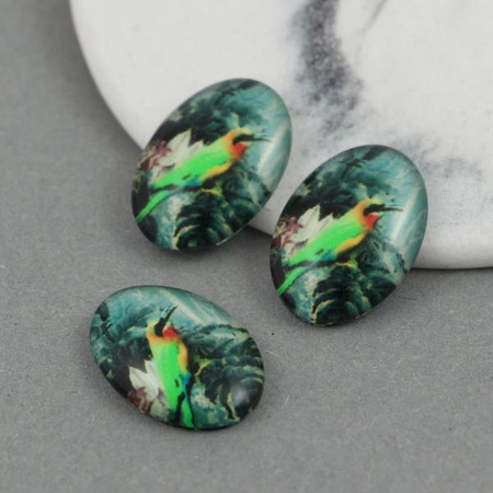 Kaboszon szklany z grafiką owal motyw ptaszka 18x13mm