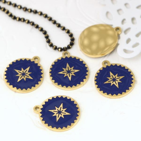 Zawieszka stal szlachetna pozłacana PVD emaliowana róża wiatrów granatowa 13mm