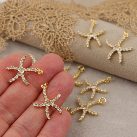 Zawieszka rozgwiazda mosiądz złocony z cyrkoniami 18mm