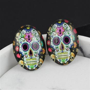 Kaboszon szklany z grafiką owal czaszka 25x18mm