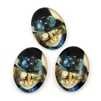Kaboszon szklany z grafiką owal z motywem kota 25x18mm