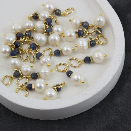 Zawieszka filigranowa perła, szafir + stal 23mm