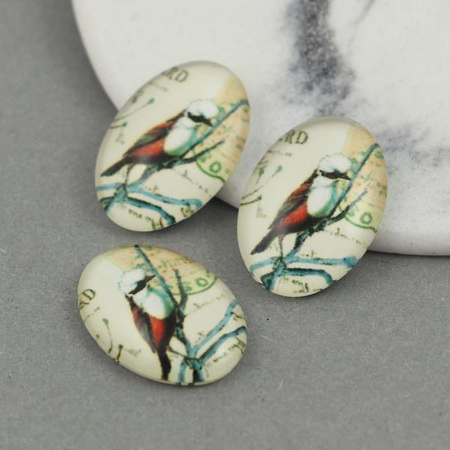 Kaboszon szklany z grafiką owal motyw ptaszka 18x13mm