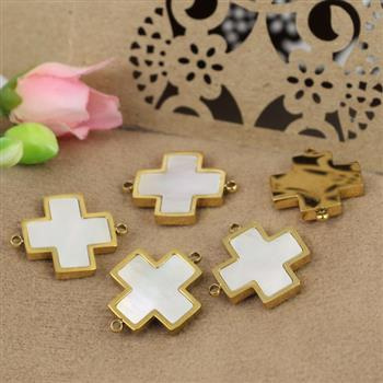 Łącznik krzyż z masą perłową stal szlachetna pozłacana PVD 17x14mm