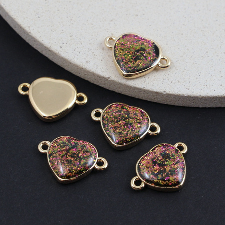 Łącznik w metalowej oprawie serce szkło dichroiczne 16x11mm