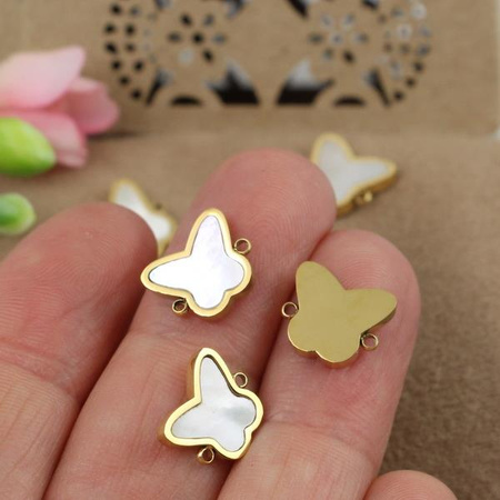 Łącznik motyl z masą perłową stal szlachetna pozłacana PVD 12x10mm