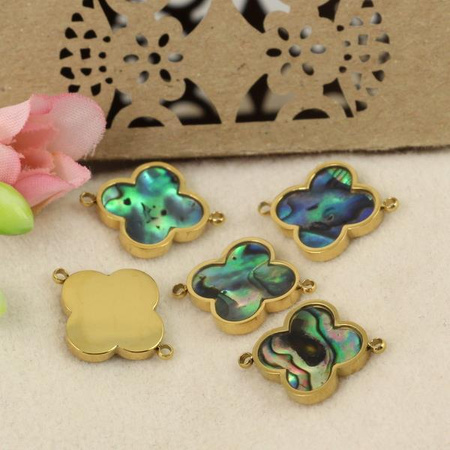 Łącznik koniczyna z muszlą paua stal szlachetna pozłacana PVD 17x13mm