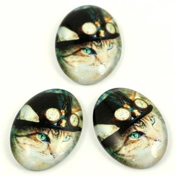 Kaboszon szklany z grafiką owal z motywem kota 25x18mm