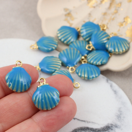 Zawieszka muszla mosiądz złocony emalia niebieska 15mm