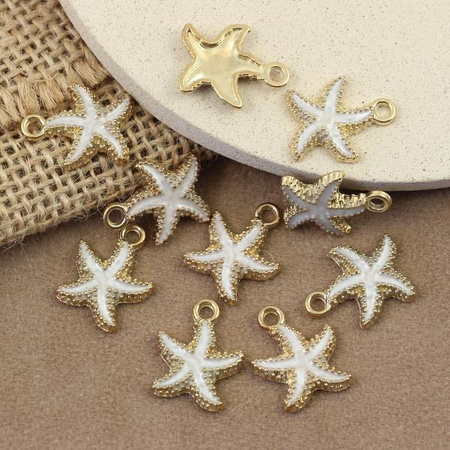 Zawieszka metalowa złota emaliowana biała rozgwiazda 18x15mm