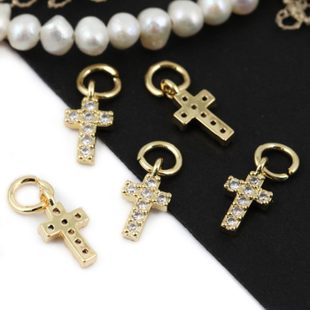 Zawieszka metalowa mosiądz złocony krzyż z cyrkoniami 10mm