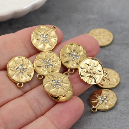 Zawieszka moneta z gwiazdką i cyrkoniami stal szlachetna pozłacana 15mm