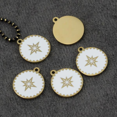 Zawieszka stal szlachetna pozłacana PVD emaliowana róża wiatrów biała 13mm