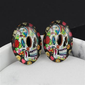 Kaboszon szklany z grafiką owal czaszka 25x18mm