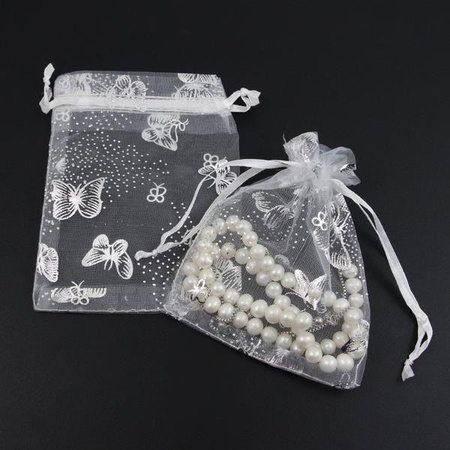 Woreczek z organzy biały w motyle 12x10cm