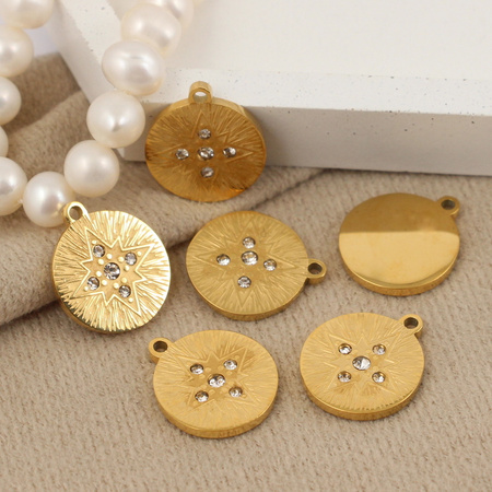 Zawieszka moneta z gwiazdką i cyrkoniami stal szlachetna pozłacana 14mm