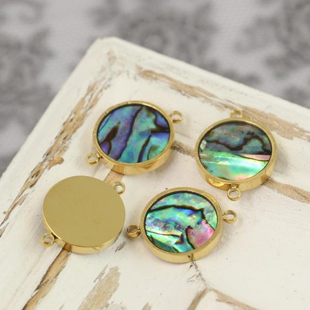 Łącznik moneta z muszlą paua stal szlachetna pozłacana PVD 16x12mm