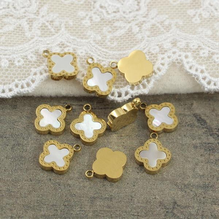 Zawieszka koniczyna z masą perłową stal szlachetna pozłacana PVD 8mm