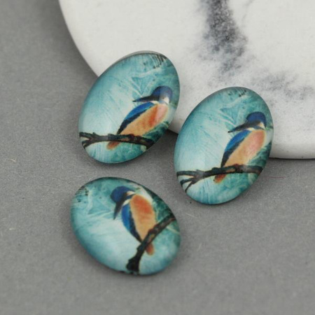 Kaboszon szklany z grafiką owal motyw ptaszka 18x13mm