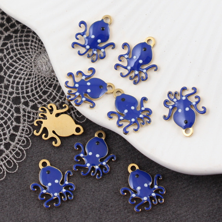 Zawieszka emaliowana stal szlachetna pozłacana ośmiornica granatowa 13x12mm