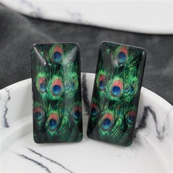 Kaboszon szklany z grafiką pawie oczka prostokąt 38x19mm