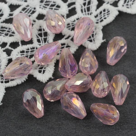 Kryształek szklany kropla fasetowana różowa luster AB 15x10mm
