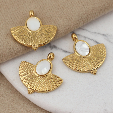 Zawieszka wachlarz z białym oczkiem stal szlachetna pozłacana 21x20mm