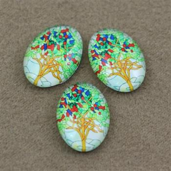 Kaboszon szklany z grafiką owal drzewo 18x13mm
