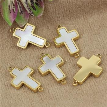 Łącznik krzyżyk z masą perłową stal szlachetna pozłacana PVD 17x10mm