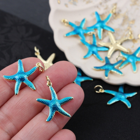 Zawieszka rozgwiazda mosiądz złocony emalia niebieska metaliczna 22mm