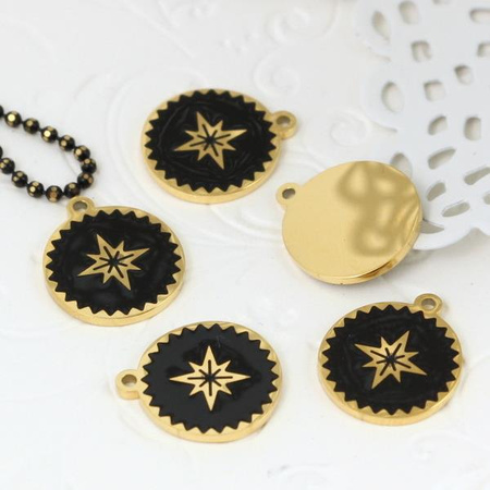 Zawieszka stal szlachetna pozłacana PVD emaliowana róża wiatrów czarna 13mm