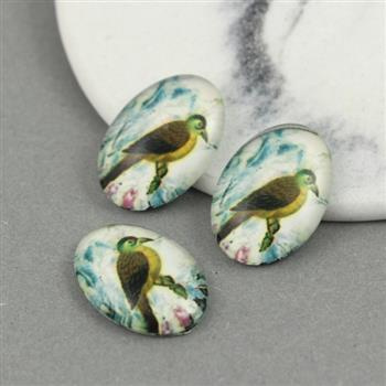 Kaboszon szklany z grafiką owal motyw ptaszka 18x13mm