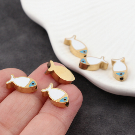 Przekładka emaliowana stal szlachetna ryba pozłacana/biała 14x7mm