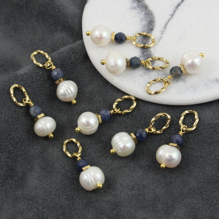 Zawieszka filigranowa perła, szafir + stal 23mm