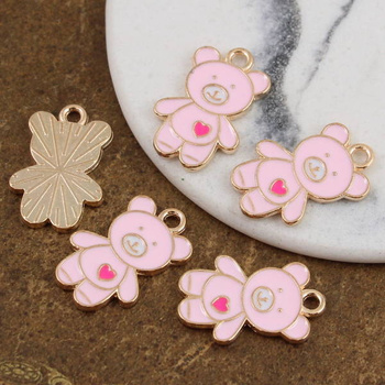 Zawieszka złota emaliowana różowy miś z sercem 20x13mm