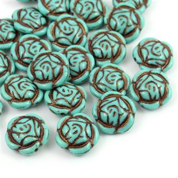 Rose Beads Opaque Turquoise Bronze Patina 16mm [1szt]